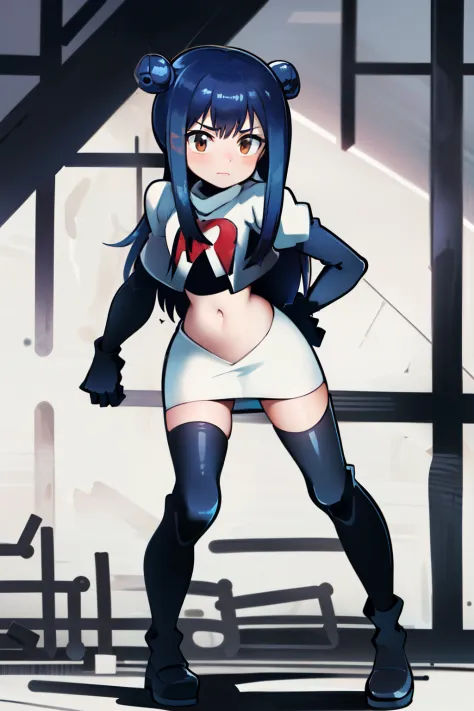 masterpiece, absurdres, Wendy_Marvell, 1girl, solo, long hair, looking at viewer, hair ornament, twintails, brown eyes, blue hair,team rocket,team rocket uniform,white skirt,red letter R,crop top,black thigh-highs,black elbow gloves,