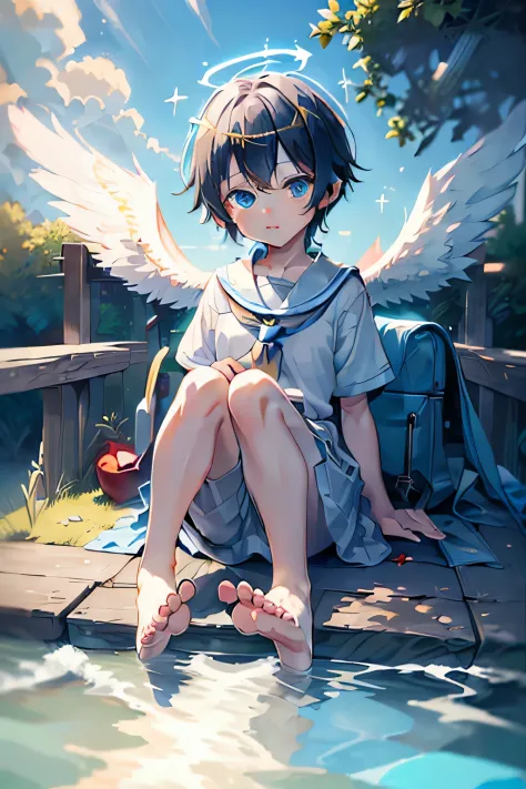 4K, (tmasterpiece:1), Little schoolboy with blue colored hair and shiny, sparkling blue eyearefoot，On the back grow angel wings,...