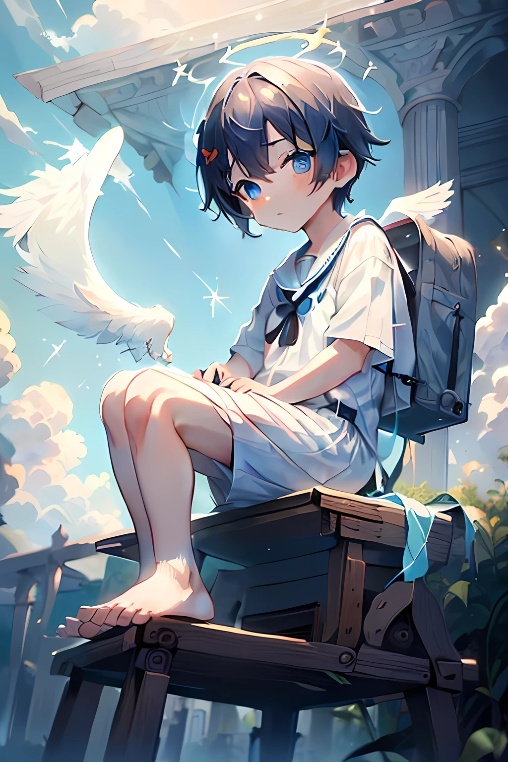 4K, (tmasterpiece:1), Little schoolboy with blue colored hair and shiny, sparkling blue eyearefoot，On the back grow angel wings, wearing sankta clothes, Sit on the sidewalk, young, schoolboy, Gamine, small, toddler, tiny feet, focus on feet, Sexy feet, The face is red, (young:1.4), (Gamine:1.4), (shota:1.4), (male people:1.4), (schoolboy:1.4), (sankta:1.4), (sankta clothes:1.4)