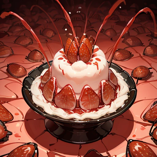 A pastry chef covered in boiling strawberry insect parfait ramen serving a large strawberry insect、Amazing dynamism、Amazing Angle、Unstable buoyancy sandstorm、(((Many friendly strawberry insects float closely together and chase each other.)))、surround each other&#39;large strawberry bug、