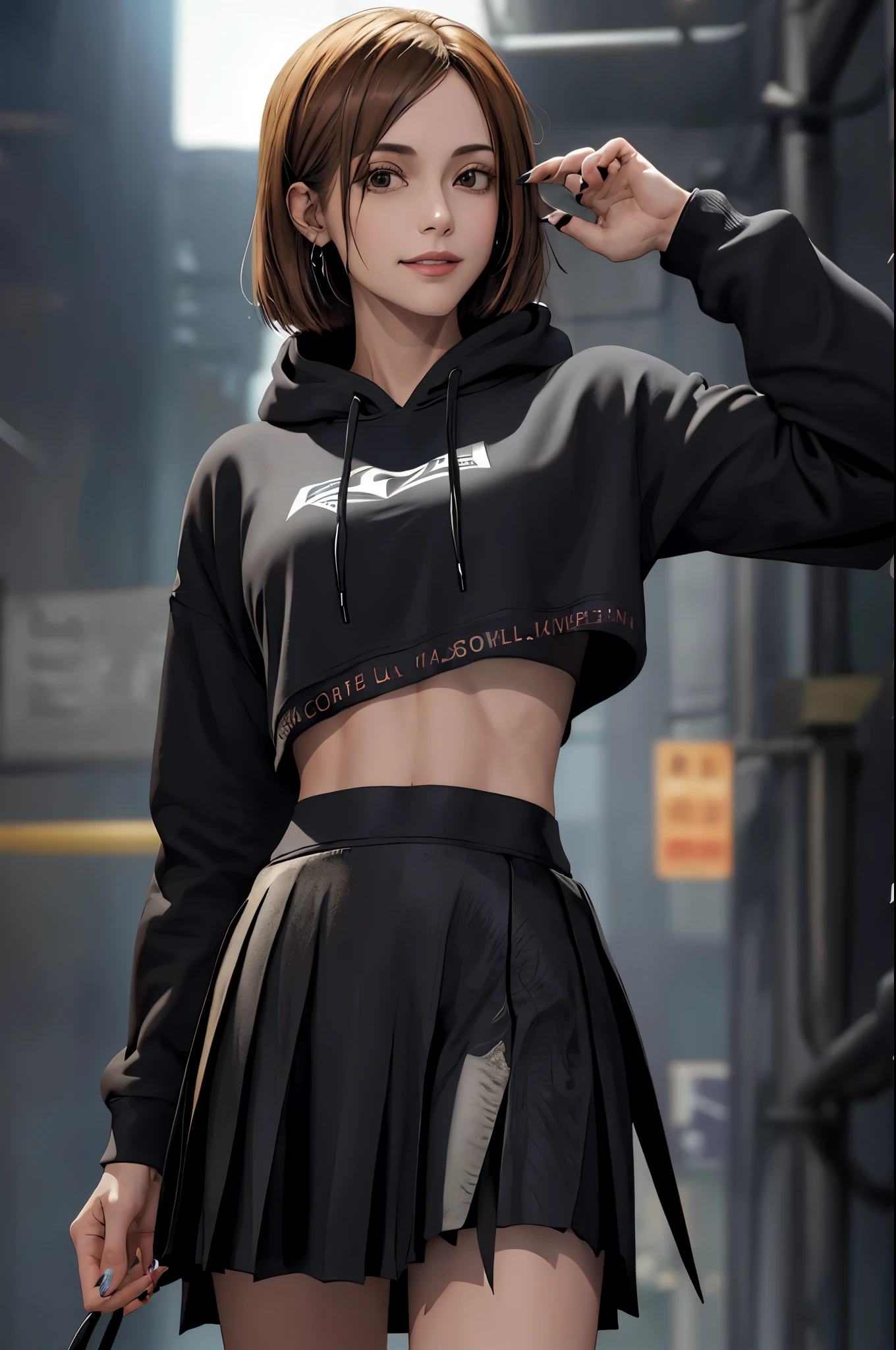 1girl, beautiful NobaraJK, long_sleeves, hood, hood_down, hoodie, skirt, smile, cropped_hoodie, navel, crop_top, nail_polish, stomach, black_hoodie, black_skirt, midriff, pleated_skirt, volumetric lighting, best quality, masterpiece, intricate details, tonemapping, sharp focus, hyper detailed, trending on Artstation,