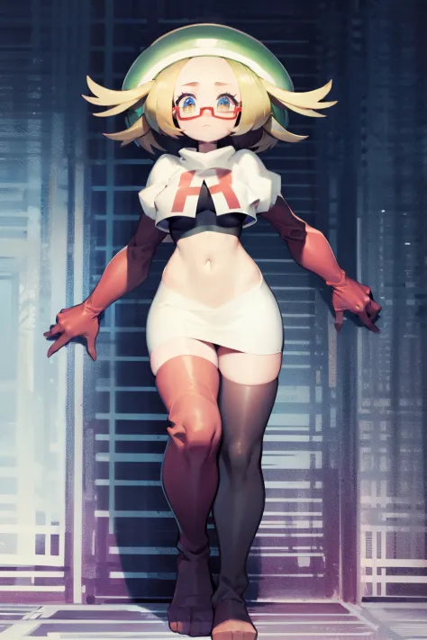 masterpiece, best quality,thighhighlonde hair:1.3),(bianca:1.5),red glasses, breasts,short hair,team rocket,team rocket uniform,...