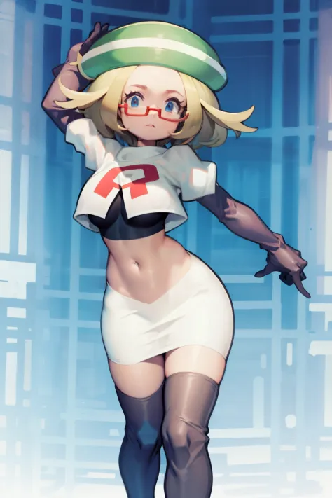 masterpiece, best quality,thighhighlonde hair:1.3),(bianca:1.5),red glasses, breasts,short hair,team rocket,team rocket uniform,...