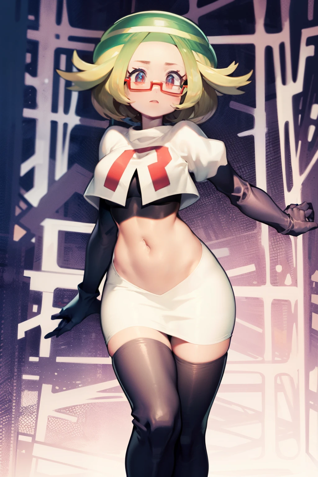 masterpiece, best quality,thighhighlonde hair:1.3),(bianca:1.5),red glasses, breasts,short hair,team rocket,team rocket uniform,white skirt,red letter R,crop top,black thigh-highs,black elbow gloves,