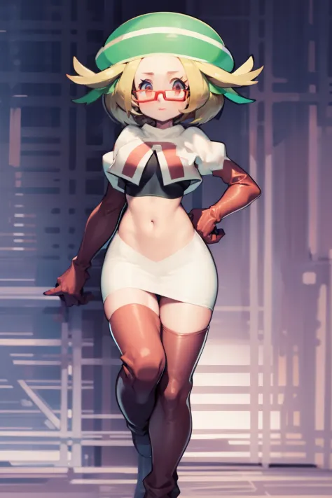 masterpiece, best quality,thighhighlonde hair:1.3),(bianca:1.5),red glasses, breasts,short hair,team rocket,team rocket uniform,...