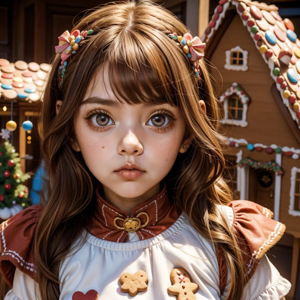 gorgeous young girl, multicolored hair, gingerbread house, kawaii outfit, big eyes, sweet face,