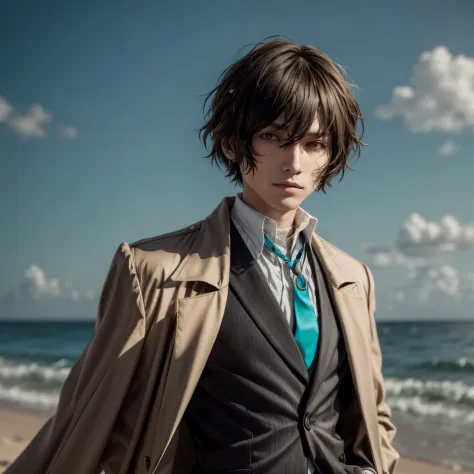 a man, osamu dazai((bungo stray dogs)), focus male, 22 years old, mildly wavy, short, dark brown hair and narrow dark brown eyes...