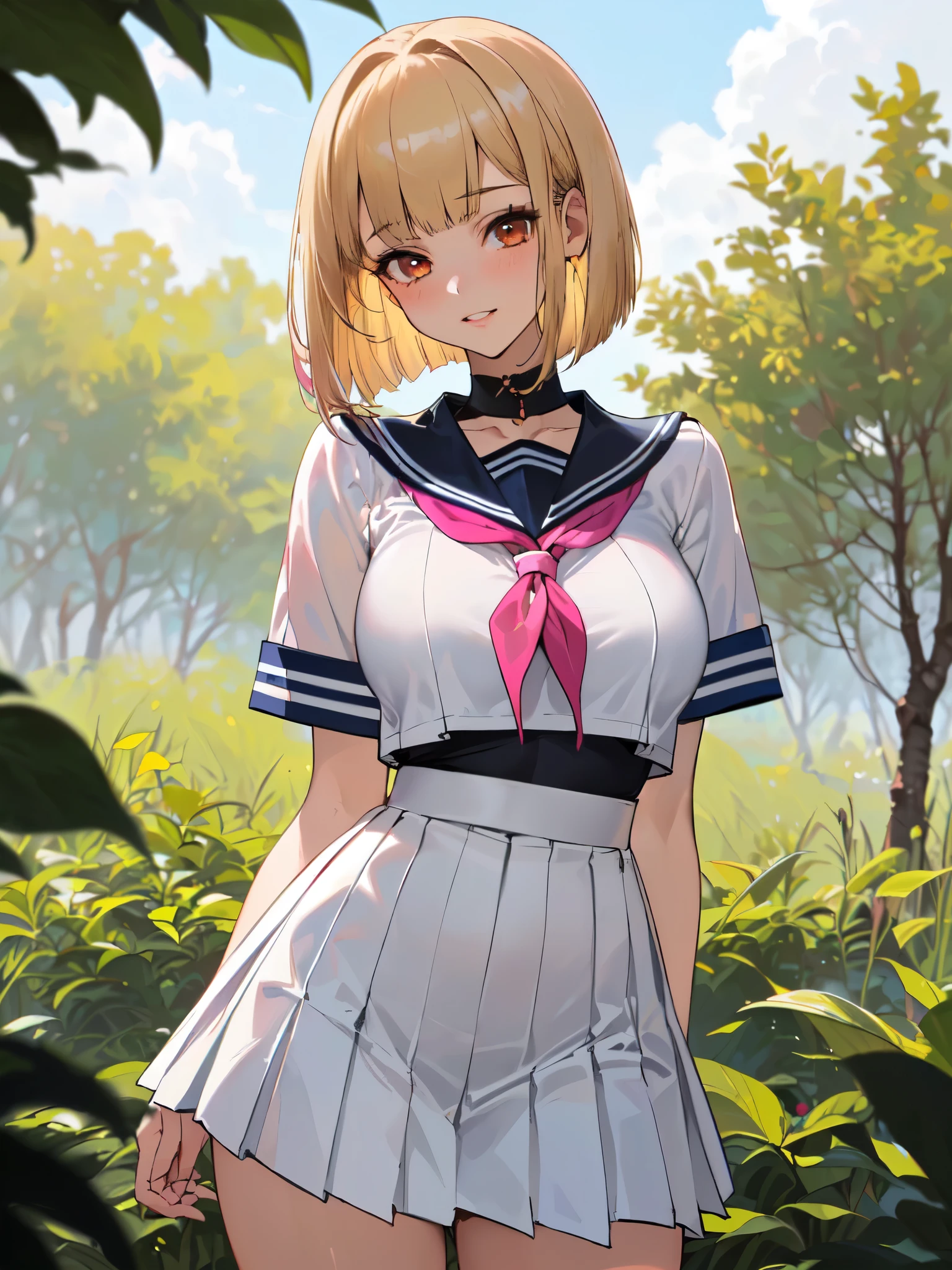 SFW (masterpiece, best quality, 32k) a youthful teenage girl with short blonde hair ((golden blonde hair, bangs, diagonal bangs, straight bangs, blunt bangs, bob, assymetric bob, inverted bob, long bangs)), ((pink-brown eyes, pink eyes, brown eyes, red eyes)), ((beautiful face, sultry face, impish face, delicate features, sexy face)), pale skin, walking, standing, relaxed, forest, trees, sky, clouds. modern clothes, school uniform, middle school uniform, japanese school uniform ((sailor-style collar, white blouse, pleated skirt, serafuku)), ((large breasts:1.3, first-rate breasts:1.3, round breasts:1.3, perky breasts:1.3)), ((slim:1.3, lithe:1.3, slender:1.3, thin:1.3, busty:1.2, buxom:1.2)), ((round hips, thin waist, waspish waist)), ((long legs, slender legs)), small smile ((full lips)), serene expression, calm expression, relaxed expression, open eyes, large eyes, expressive eyes, head to waist portrait, cinematics, color oil painting, cinematic lighting, ((extremely detailed face)), ((finely detailed face)), ((Extremely detailed eyes)), ((finely detailed eyes)), ((beautiful face)), ((beautiful eyes)), perfect lighting, depth of field, (realistic proportions), (good anatomy), ((solo:1.6)), ((1girl:1.6))