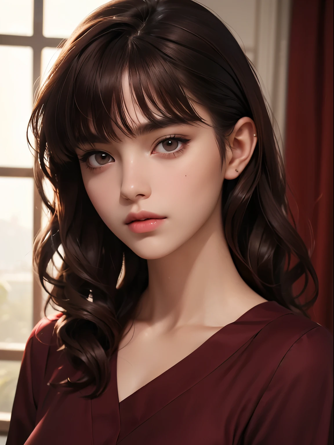 Masterpiece, best quality, realistic, 1woman, quiet, calm and pretty young woman, 16 years old, ((close mouth)), extremely detailed, a little distance, half body, maroon casual dress, ((dark brown eyes)), ((wavy with bang brunette hair)), 4K