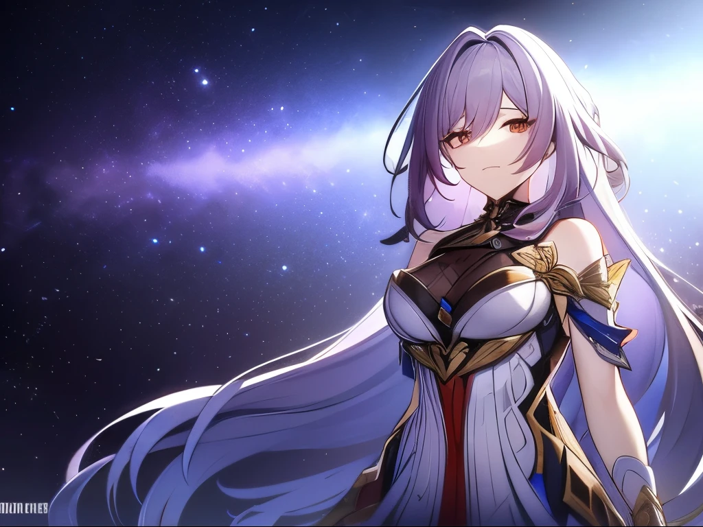 El personaje femenino del juego Genshin Impact Hoyoverse tiene el pelo largo y dorado ceniza., ojos del color de una galaxia y ropa típica snezhnaya