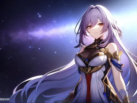 The female girl character from the game Genshin Impact Hoyoverse has long ash gold hair, eyes the color of a galaxy and typical ...