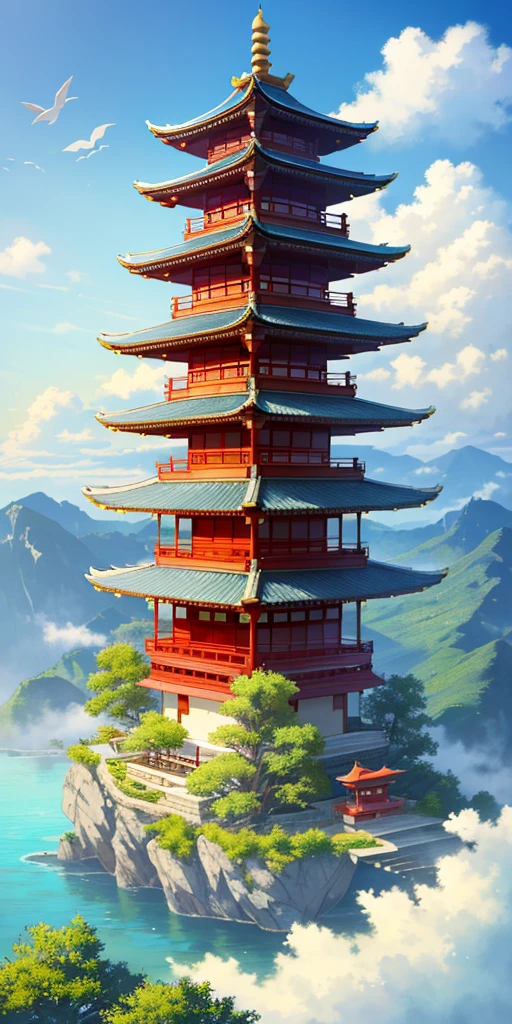 masterpiece, best quality,  east asian architecture, architecture, scenery, mountain, outdoors, water, pagoda, waves, no humans, bird, building, solo, snow, tree, fog, dragon, cloud, sky