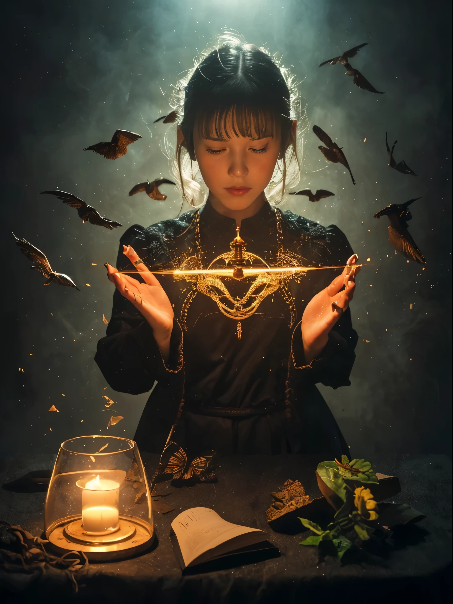 1girl in, (witchcore, witchcraft, pagan, Mystical, Nature, occult) , magician, spell magic, Magic Circle, ((magic in hand)),(masutepiece, Best Quality:1.4),(absurderes, hight resolution, ultra-detailliert:1.2),(using dark magic:1.4), imaginative overlays, artistic fusion,fantastical scenes, evocative narratives, striking visuals, Upper body ，(((Best Quality))),(((ultra-detailliert))),(((masutepiece)))