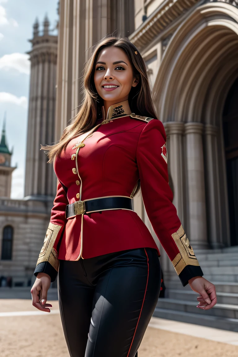 ((masterpiece)), ((best quality)), digital painting, ((photorealistic)), beautiful, sexy woman, brown eyes, long hair, eyebrows, facial details, wearing army uniform, sexy, outside the building, big breasts , sweet smile , facial details, perfect body anatomy, red jacket, epaulettes, cleavage, tight trousers, elaborate soldier uniform, hips, big thighs, cowboy shot, facing the audience, background, parliament building, Royal Palace, luxury ,sky, clouds, (high detail), depth of field, sharp lighting, focus, (intricate detail), ultra UHD, 16k ​