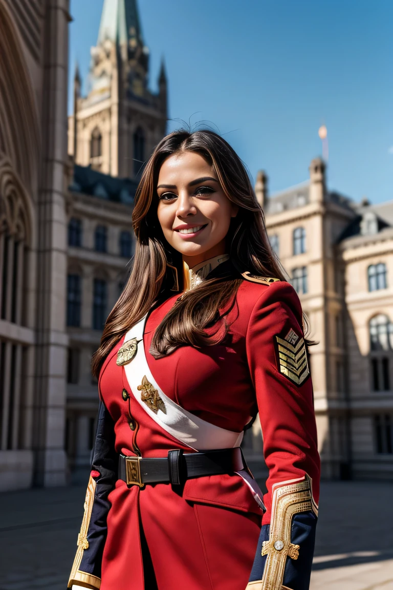 ((masterpiece)), ((best quality)), digital painting, ((photorealistic)), beautiful, sexy woman, brown eyes, long hair, eyebrows, facial details, wearing army uniform, sexy, outside the building, big breasts , sweet smile , facial details, perfect body anatomy, red jacket, epaulettes, cleavage, tight trousers, elaborate soldier uniform, hips, big thighs, cowboy shot, facing the audience, background, parliament building, Royal Palace, luxury ,sky, clouds, (high detail), depth of field, sharp lighting, focus, (intricate detail), ultra UHD, 16k ​