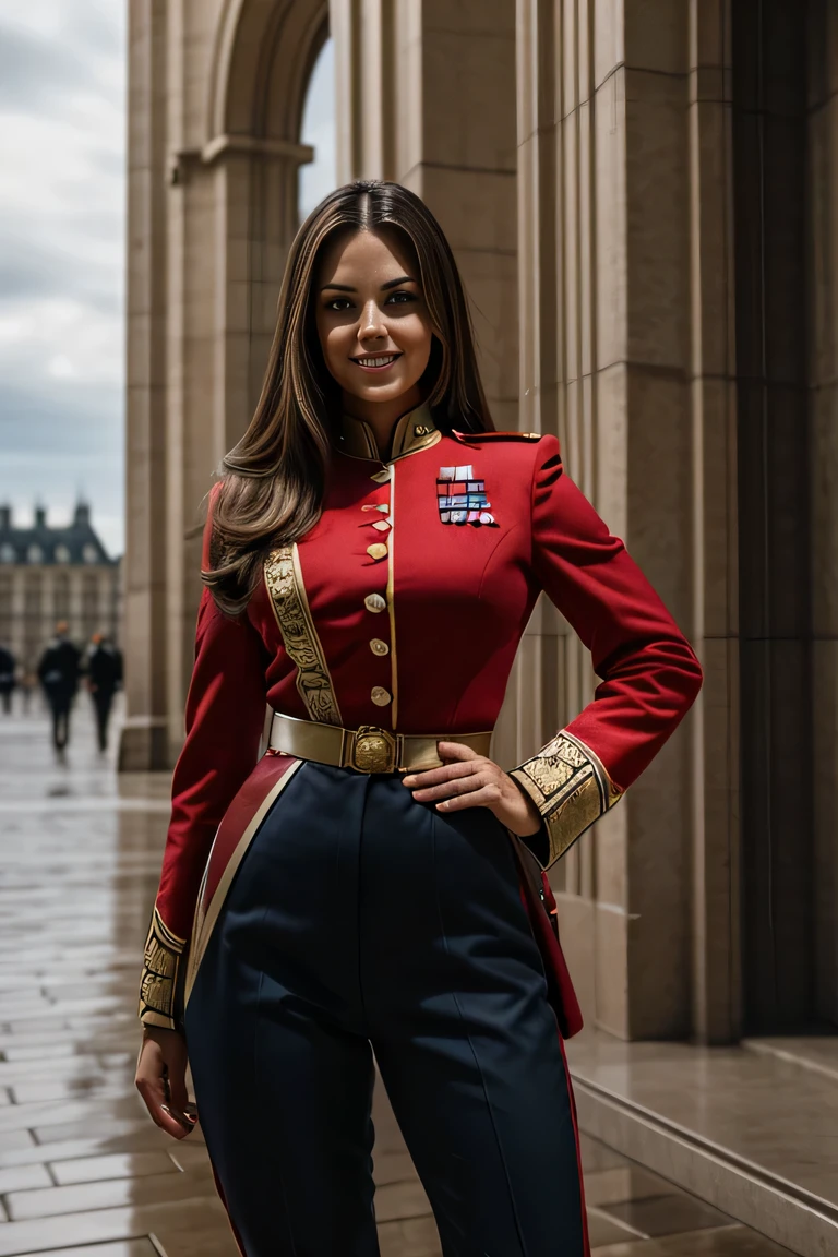 ((masterpiece)), ((best quality)), digital painting, ((photorealistic)), beautiful, sexy woman, brown eyes, long hair, eyebrows, facial details, wearing army uniform, sexy, outside the building, big breasts , sweet smile , facial details, perfect body anatomy, red jacket, epaulettes, cleavage, tight trousers, elaborate soldier uniform, hips, big thighs, cowboy shot, facing the audience, background, parliament building, Royal Palace, luxury ,sky, clouds, (high detail), depth of field, sharp lighting, focus, (intricate detail), ultra UHD, 16k ​