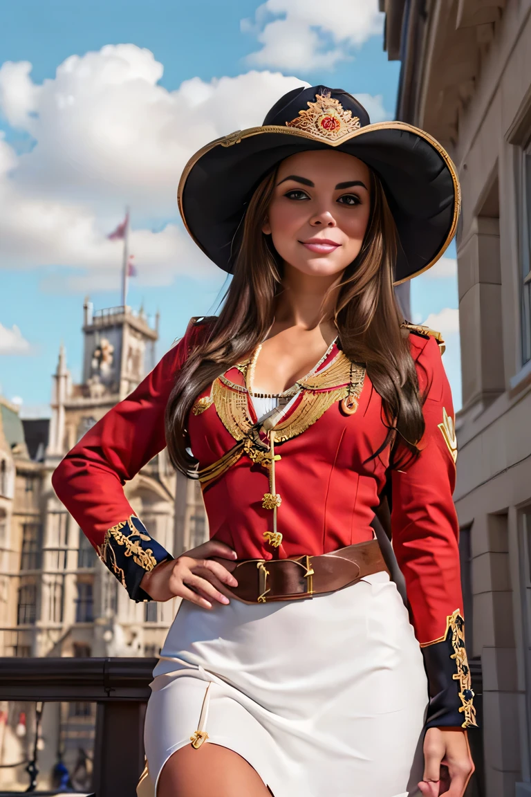 ((masterpiece)), ((best quality)), digital painting, ((photorealistic)), wide angle shooting, beautiful, sexy woman, brown eyes, long hair, eyebrows, facial details, wearing royal clothing, British royal guard, sexy, outdoors, sweet smile, facial details, perfect body anatomy, (red jacket, epaulettes), sun hat, cleavage, (tight short white skirt), elaborate warrior outfit, hips, big thighs, 1900's susana, cowboy shot, facing viewer, background, parliament building, Royal Palace, luxury, sky, clouds, (super, high detail), professional photographer (hyper detail), depth of field, sharp lighting, focus, (intricate detail), ultra UHD , 16k​