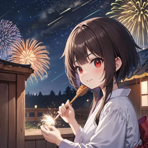 fireworks full of the night sky、fireworks background、noite、menina oi-escola (megumin)、soio、pequeno bonito、seios pequenos、virado ...