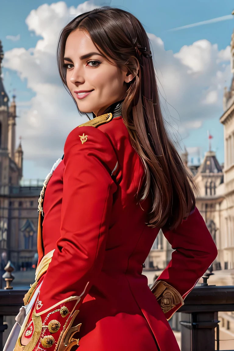 ((masterpiece)), ((best quality)), digital painting, ((photorealistic)), wide angle shooting, beautiful, sexy woman, brown eyes, long hair, eyebrows, facial details, wearing a royal uniform, ((red jacket , epaulets)),cleavage, (tight white trouserritish royal guard uniform, sexy, outdoors, sweet smile, perfect body anatomy, complicated soldier uniform, hips, big thighs, cowboy shot, facing the audience, background Back, parliament building, Royal Palace, luxury, sky, clouds, (super, high detail), professional photographer (hyper detail), depth of field, sharp lighting, focus, (intricate detail), ultra UHD, 16k​ ​