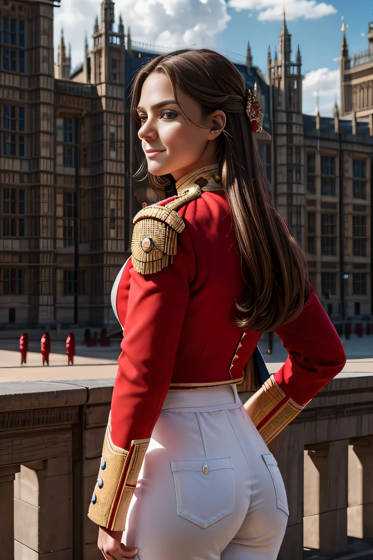 ((masterpiece)), ((best quality)), digital painting, ((photorealistic)), wide angle shooting, beautiful, sexy woman, brown eyes, long hair, eyebrows, facial details, wearing a royal uniform, ((red jacket , epaulets)),cleavage, (tight white trousers), British royal guard uniform, sexy, outdoors, sweet smile, perfect body anatomy, complicated soldier uniform, hips, big thighs, cowboy shot, facing the audience, background Back, parliament building, Royal Palace, luxury, sky, clouds, (super, high detail), professional photographer (hyper detail), depth of field, sharp lighting, focus, (intricate detail), ultra UHD, 16k​ ​