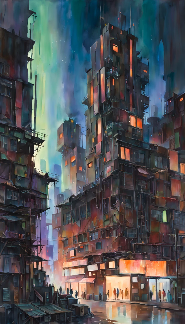 (best quality,4k,8k,highres,masterpiece:1.2), kyotopunk,ultra-detailed,megastructure with an abstract design,night lighting,ruined post apocalyptic world,cheerful vibe,no humans,watercolor painting,abstract architecture,ethereal glow,subdued colors,futuristic remnants,crumbling structures,dynamic shapes,organic patterns,glowing neon lights,reflective surfaces,serene atmosphere,soft brushstrokes,mysterious ambiance,layered textures,graffiti-like elements,complex composition,delicate blending,haunting beauty,harmony of chaos,industrial decay,ethereal beauty,uninhabited metropolis,captivating tension,dreamlike quality