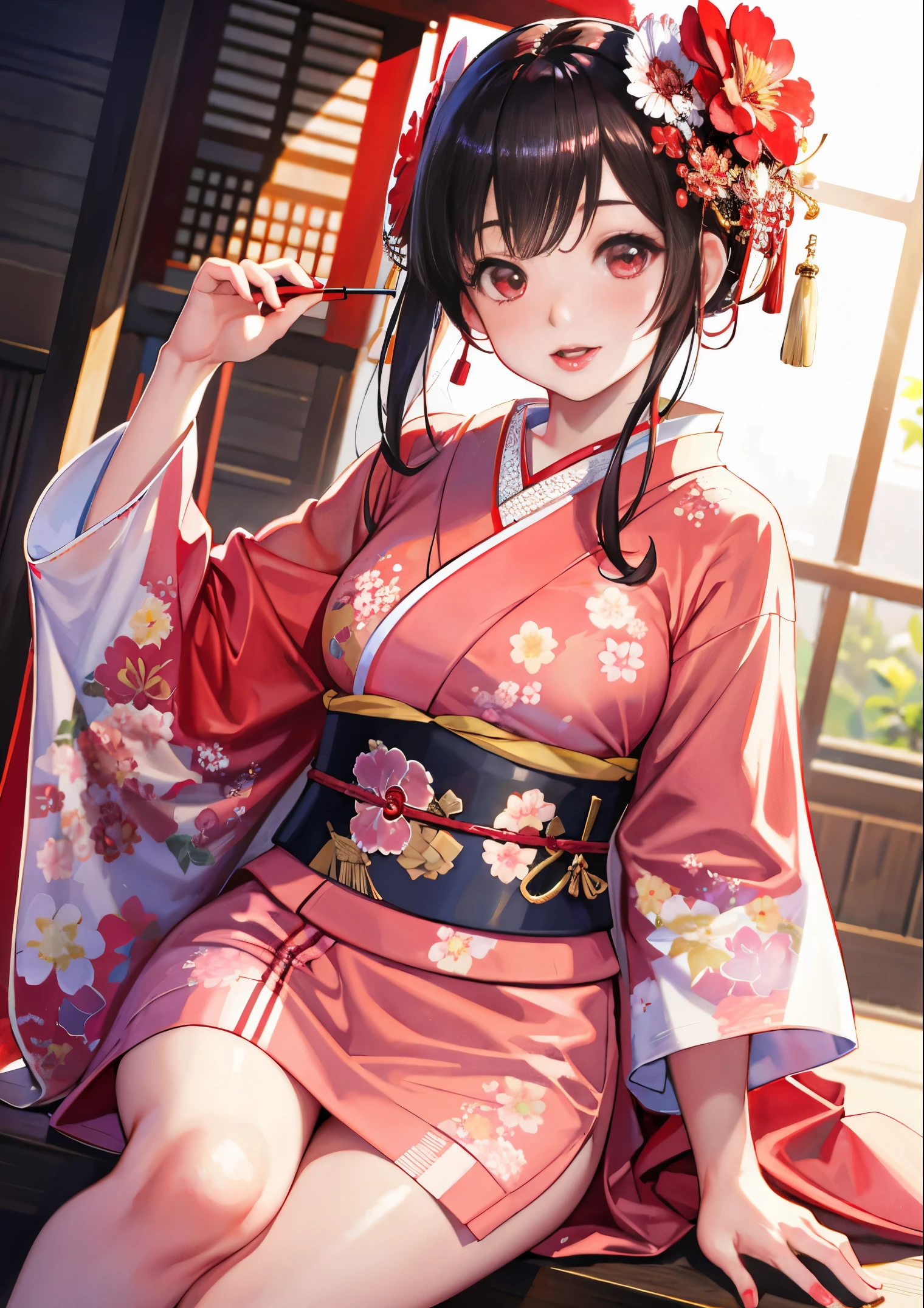 photo realistic, photo realistic, Masterpiece, best quality, very cute, light red cheeks, red lipstick, clear face, looking up, (青 kimono with red floral pattern)