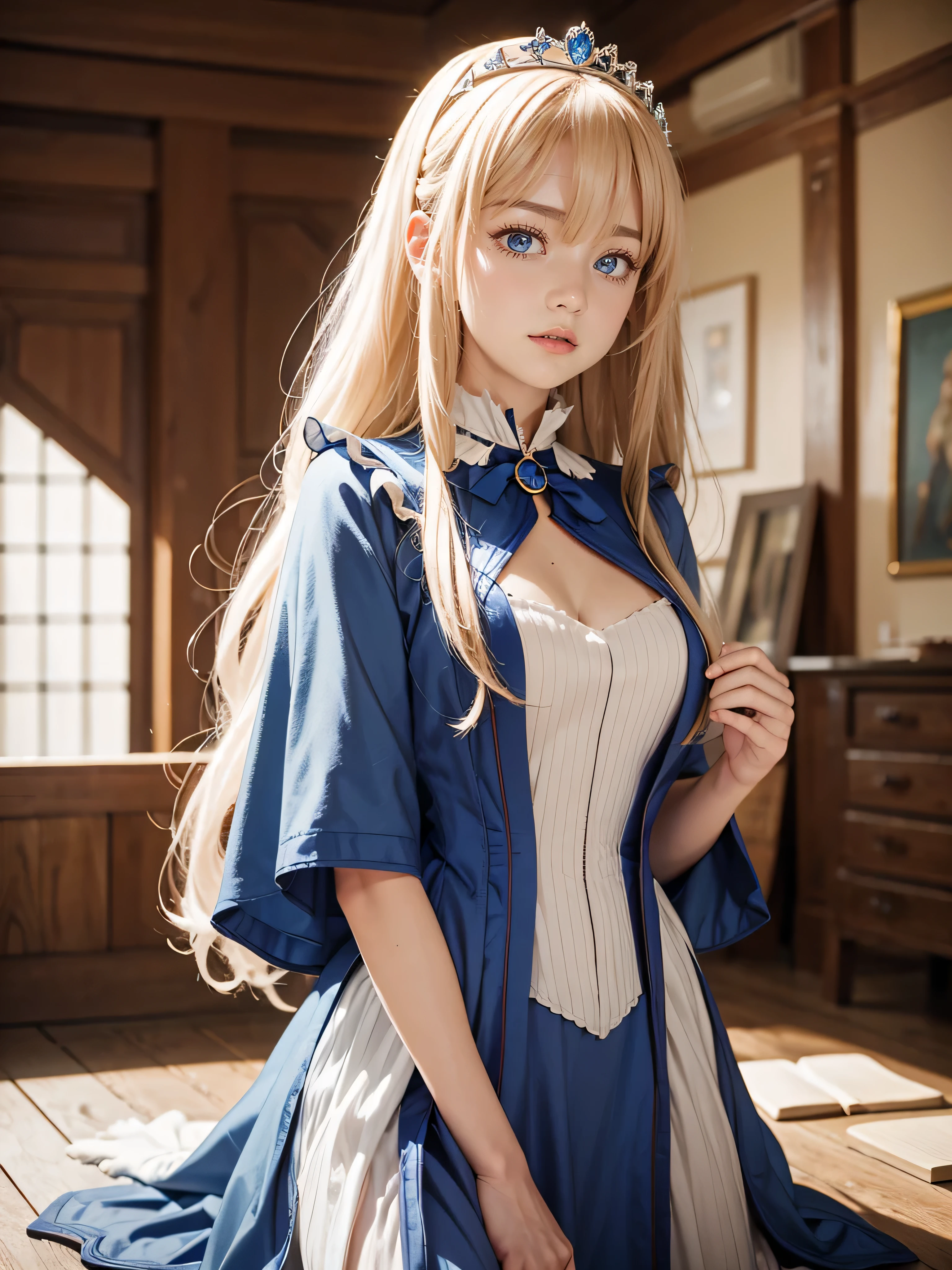 Raw Photography, High Resolution, Realistic, Masterpiece, 18 year old, Mia Luna Tearmoon, Looking at Viewer, Single, Attending Academical Class in Victorian Era, Detailed cute and beautiful face, White shiny skin, bangs, Blonde Super Long Straight Silky Hair, Blue Eyes, Crown, Perfect and Nice Hands