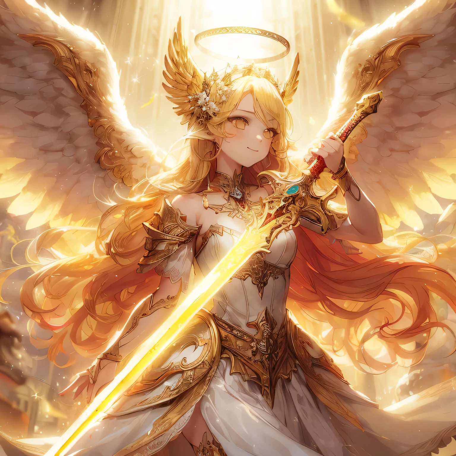 absurderes, hight resolution, 1girl in, Solo, Full body, 
gradient eyes, Yellow eyes, (Blonde hair:1.5), Long wavy hair, 
(White princess dress), (frilld:1.5), (golden wings:1.3), 
Smile, (Holding the golden sword:1.3),
(Golden effect:1.5), Closed mouth,