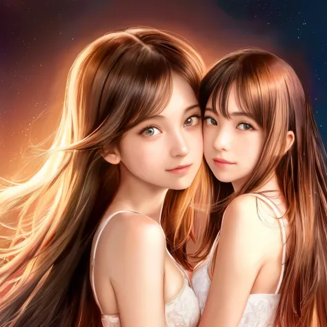 (Live-action adaptation:1.2), (high quality photograph:1.2),  A cute girl like a goddess, (twogirls:1.2), (One person has flat chest and small breasts.), Shiny brown hair, Swing Twin Tail, (perfect tits), Delicate and beautiful eyes, Staring at me, smil, T...
