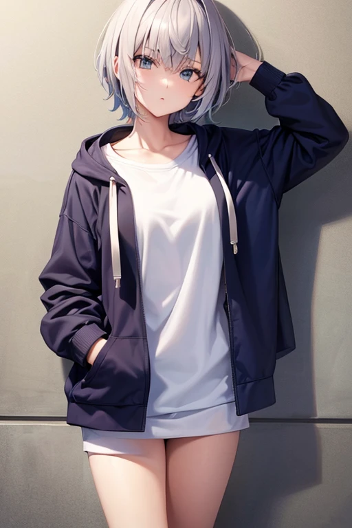 Cool girl, short hair, wear a zip up hoodie over high school uniform