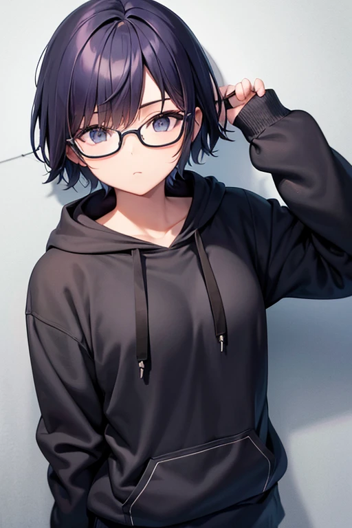 Cool girl, short hair, wear a zip up hoodie over high school uniform