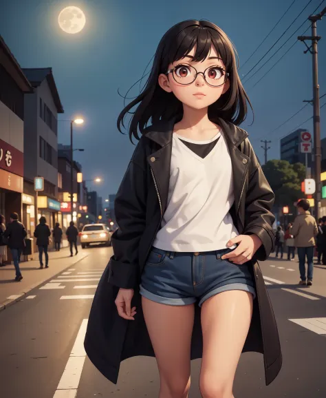 1girl,  and innocent, small girl, black hair, red eyes, beauty brand, round glasses, cropped short, short shorts, (large female ...