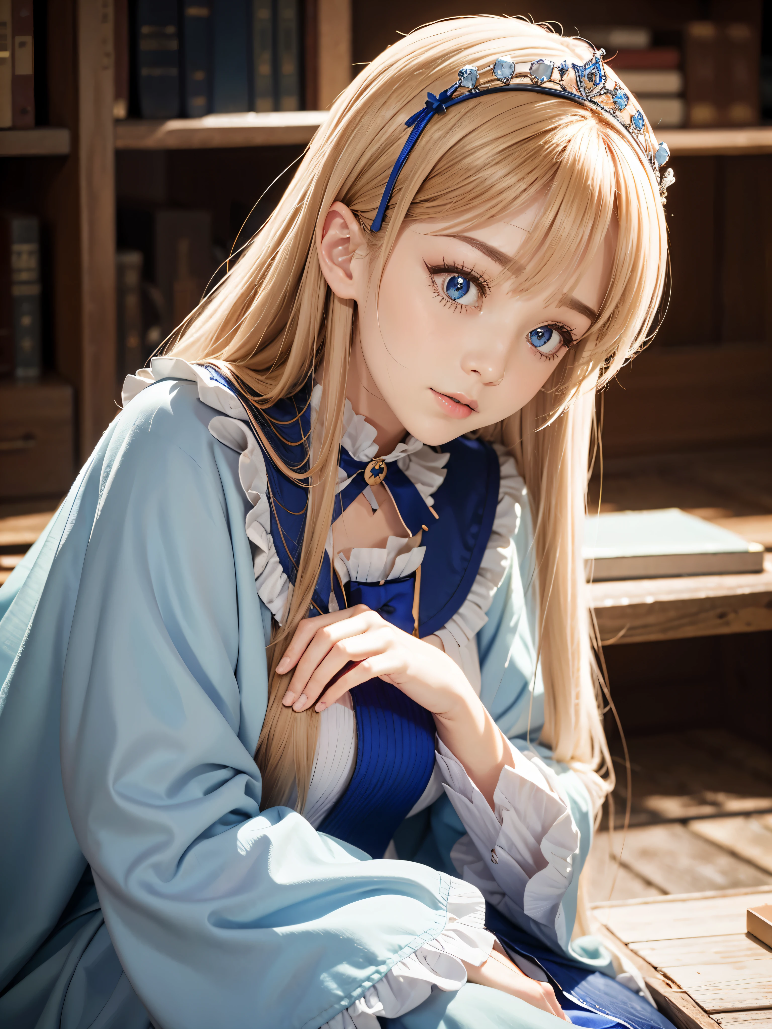 Raw Photography, High Resolution, Realistic, Masterpiece, 18 year old, Mia Luna Tearmoon, Looking at Viewer, Single, Attending Academical Class in Victorian Era, Detailed cute and beautiful face, White shiny skin, bangs, Blonde Super Long Straight Silky Hair, Blue Eyes, Crown, Perfect and Nice Hands, Starting to Cry with Tears