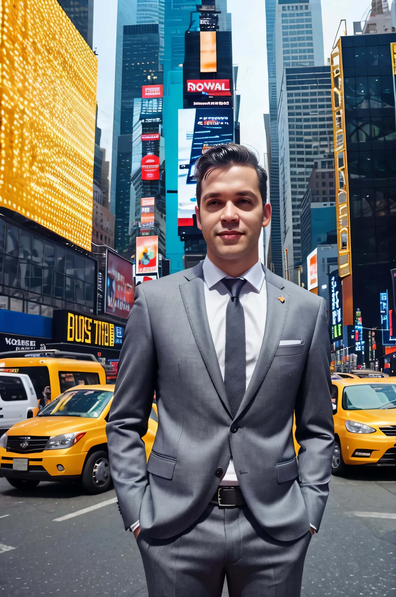 male self portrait wearing casual suit, holding coffee cup , background outdoor at times square new york