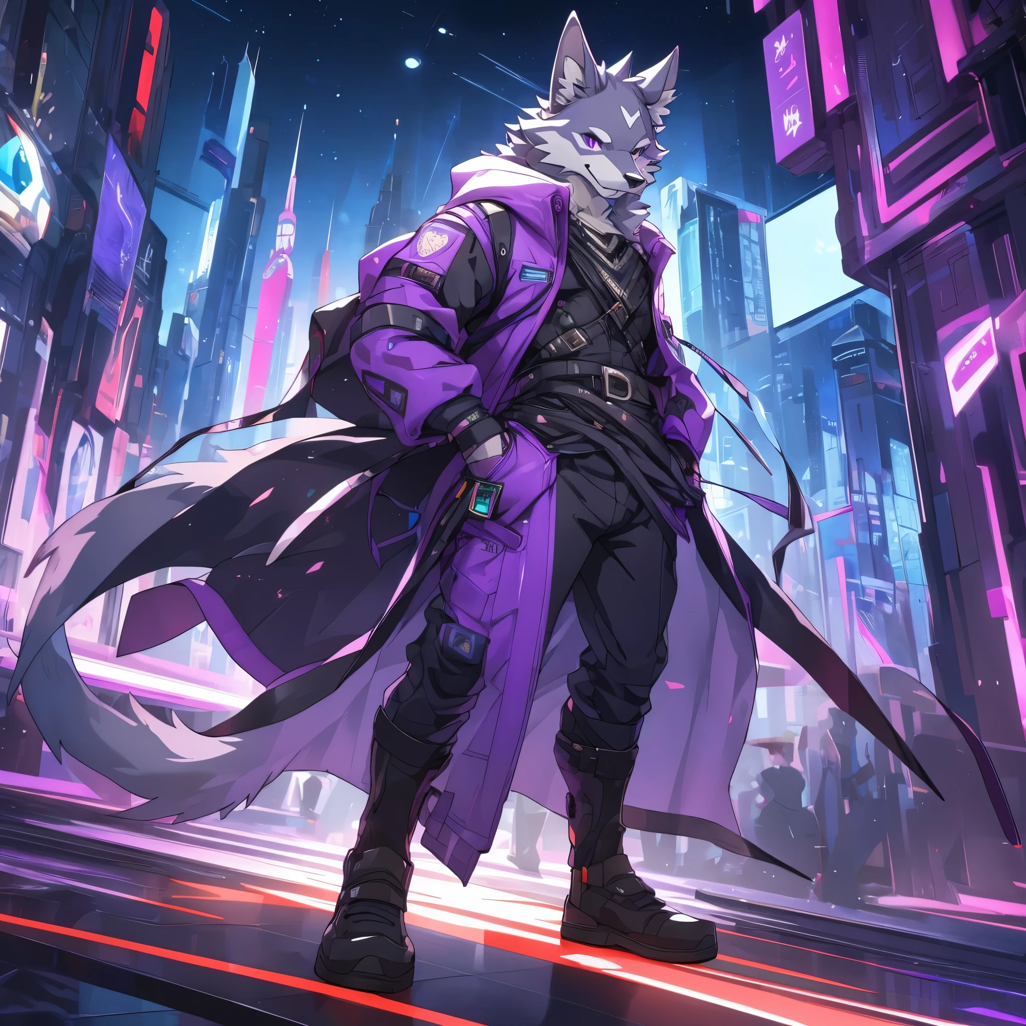 (((one male))), purple right eye, red left eye, furry, 8k high definition, very detailed, super masterpiece, best quality, super detailed, correct anatomy, anthropomorphic, wolf, background future city, (king), wearing purple and blue jacket, full body, ((body color is gray and purple)), (slim figure), front view, Perfect hand, very seductive, realistic, masterpiece, best quality, perfect anatomy, nj5furry, solo, baggy clothing, gentle, bright eyes, detailed eyes, looking at viewer, muscularity.