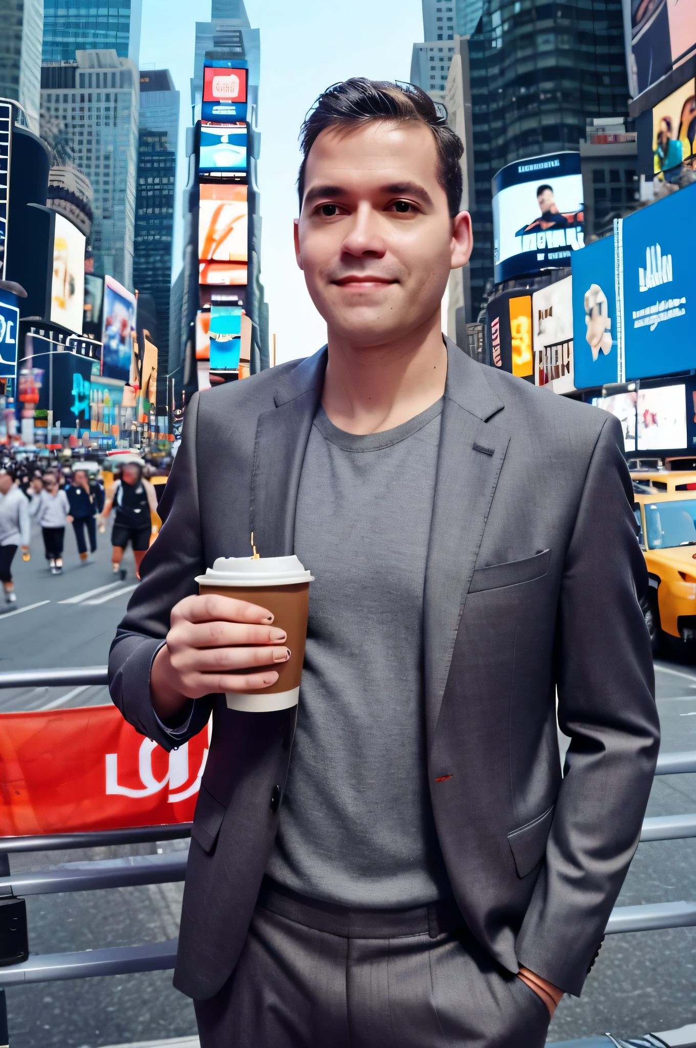 male self portrait wearing casual suit, holding coffee cup , background outdoor at times square new york