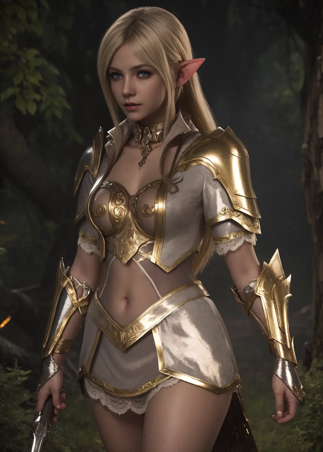 Best quality, female elf, ((knight armor)), ((well toned)), enchanted forest, glowing sword, fantasy artwork, vibrant colors, hi...