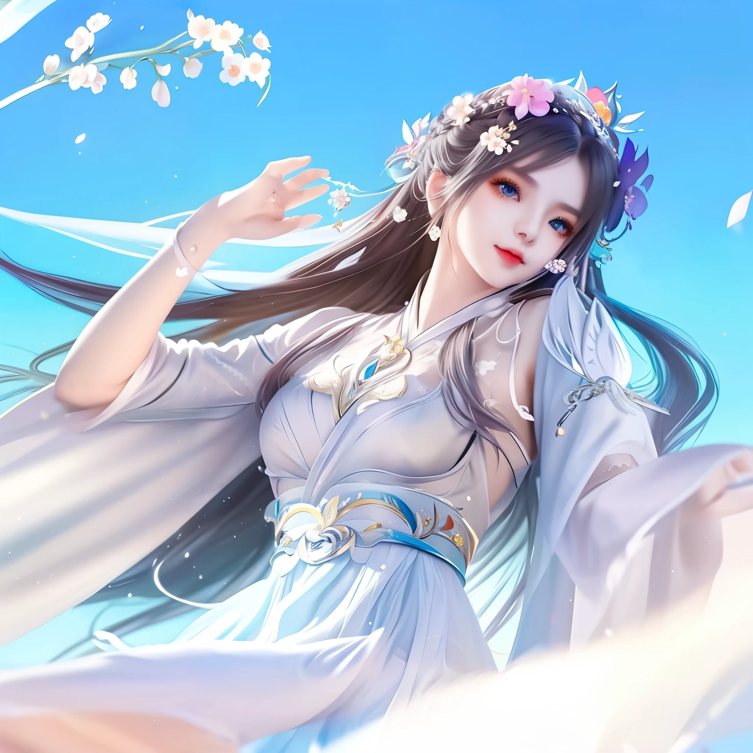 One wears a skirt、Close-up of woman with flowers in hair, Beautiful youthful spirit, 宮 ， A girl in Hanfu, beautiful fantasy empress, white hanfu, guweiz, anime goddess, full body xianxia, Guviz-style artwork, ((Beautiful fantasy queen magic robe, Belle peinture de personnage