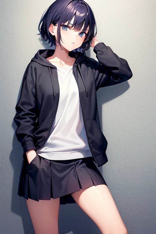 Cool girl, short hair, wear a zip up hoodie over high school uniform