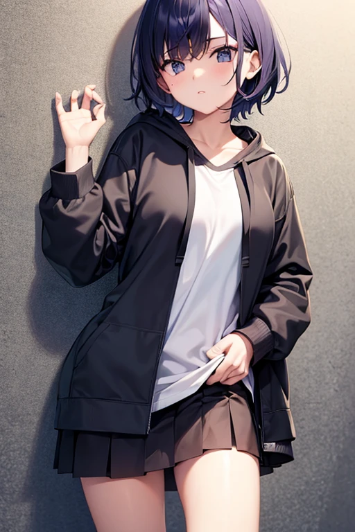 Cool girl, short hair, wear a zip up hoodie over high school uniform