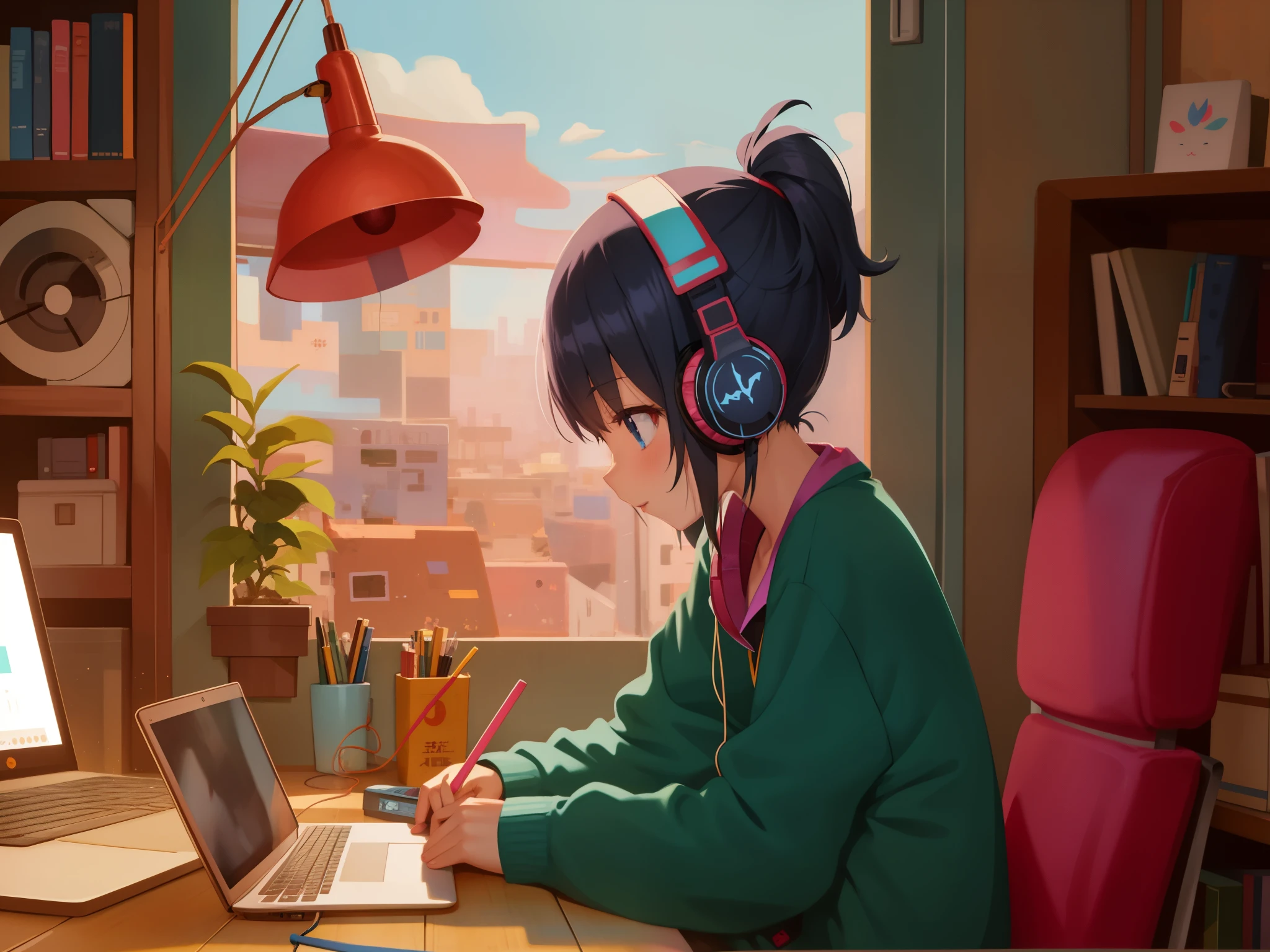 Garota de anime sentada na mesa com laptop e fones de ouvido, zero garota, Estilo de arte Erogeo, Retrato de Rofi, arte lofi, Lofisensação, Fique durante a noite, Vibração zero, Chillhop, estética da garota lofi, arte lo-fi, cor zero, estilo de ilustração lo-fi, Troféu Hip Hop, estética lofi