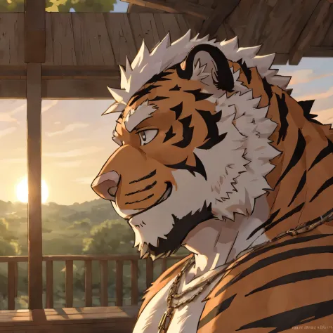 Tiger Orcs，chubby，#ba8f1c fur，with a round face，Round ears，adolable，Less hair，white color hair，Remove black stripes on the left and right sides of the face，Wearing an amber necklace，with a park in the background，exteriors，No Man，the sunset，natural soft lig...