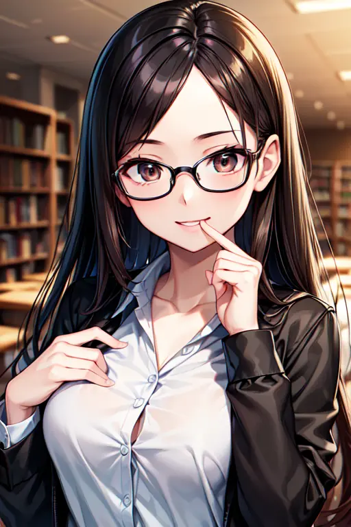 a young cute girl, dark brown eyes, glasses, black hair, forehead, school uniform, library, pov, happy, sneak, smile, finger to ...