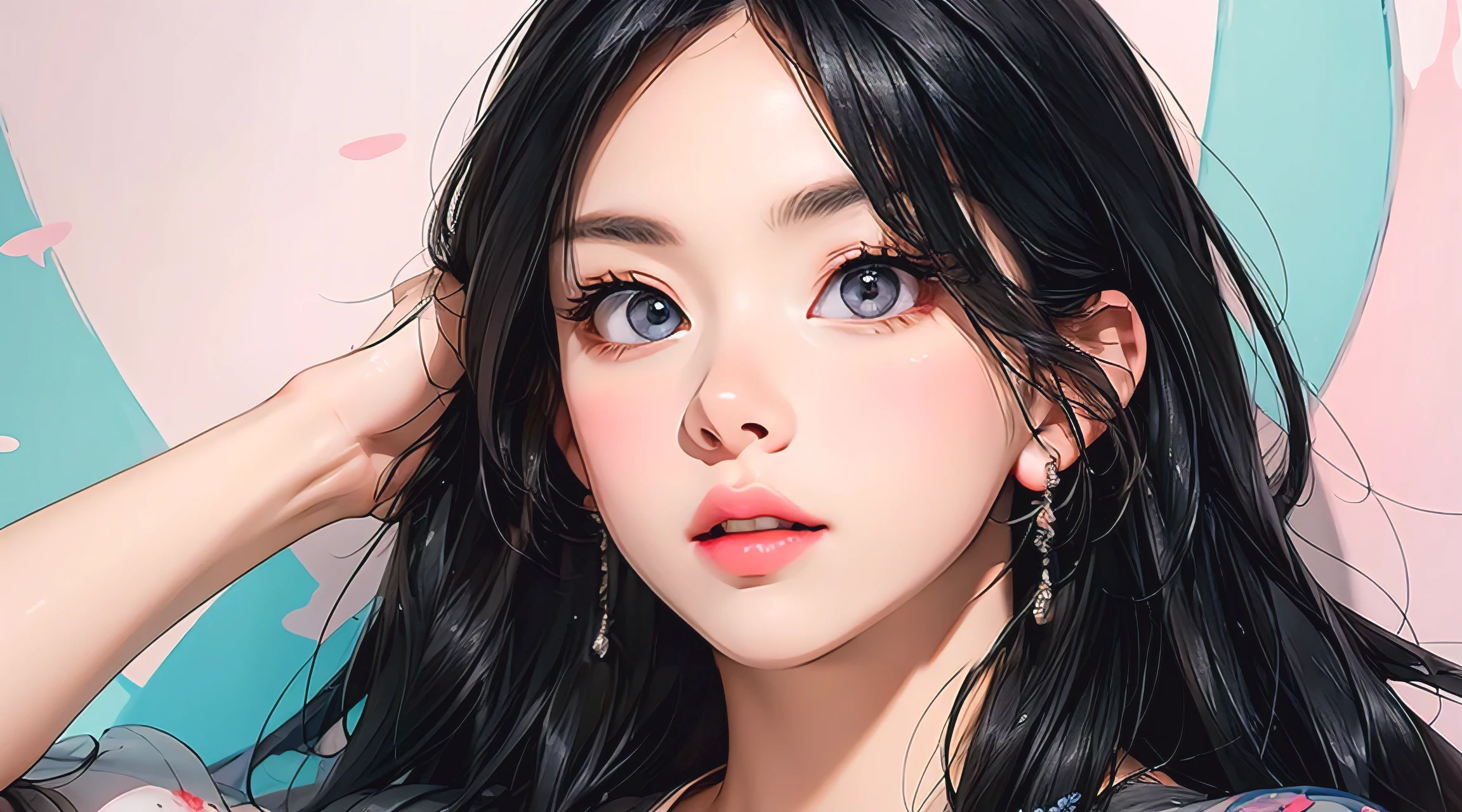 photorealistic, lip gloss, painting, realistic, best quality, ultra high resolution, depth, pastel color, natural shading, focus on face, face only, looking at viewer, long hair, hair accessory, black hair, brown and well detailed eyes, Dress