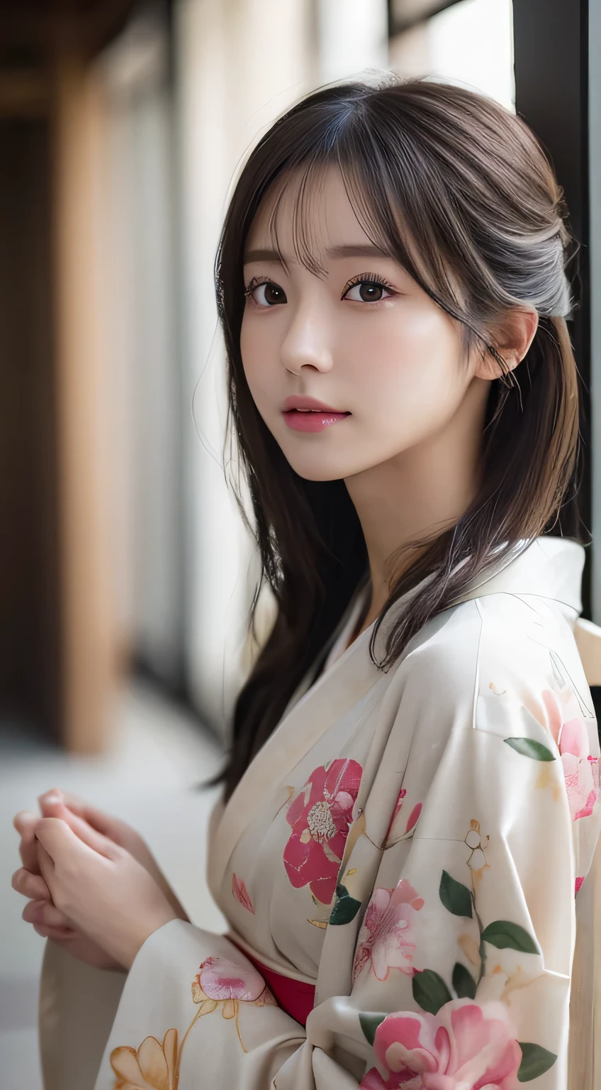 (Wear the kimono correctly,age19,no-makeup)、(top-quality,​masterpiece:1.3,超A high resolution,),(ultra-detailliert,Caustics),(Photorealsitic:1.4,RAW shooting),Ultra-realistic capture,A highly detailed,high-definition16Kfor human skin、 Skin texture is natural、The skin looks healthy with an even tone、 Use natural light and color、 Anatomically correct、One Woman,japanes,,kawaii,A dark-haired,Middle hair,(depth of fields、chromatic abberation、Wide range of lighting、Natural Shading)