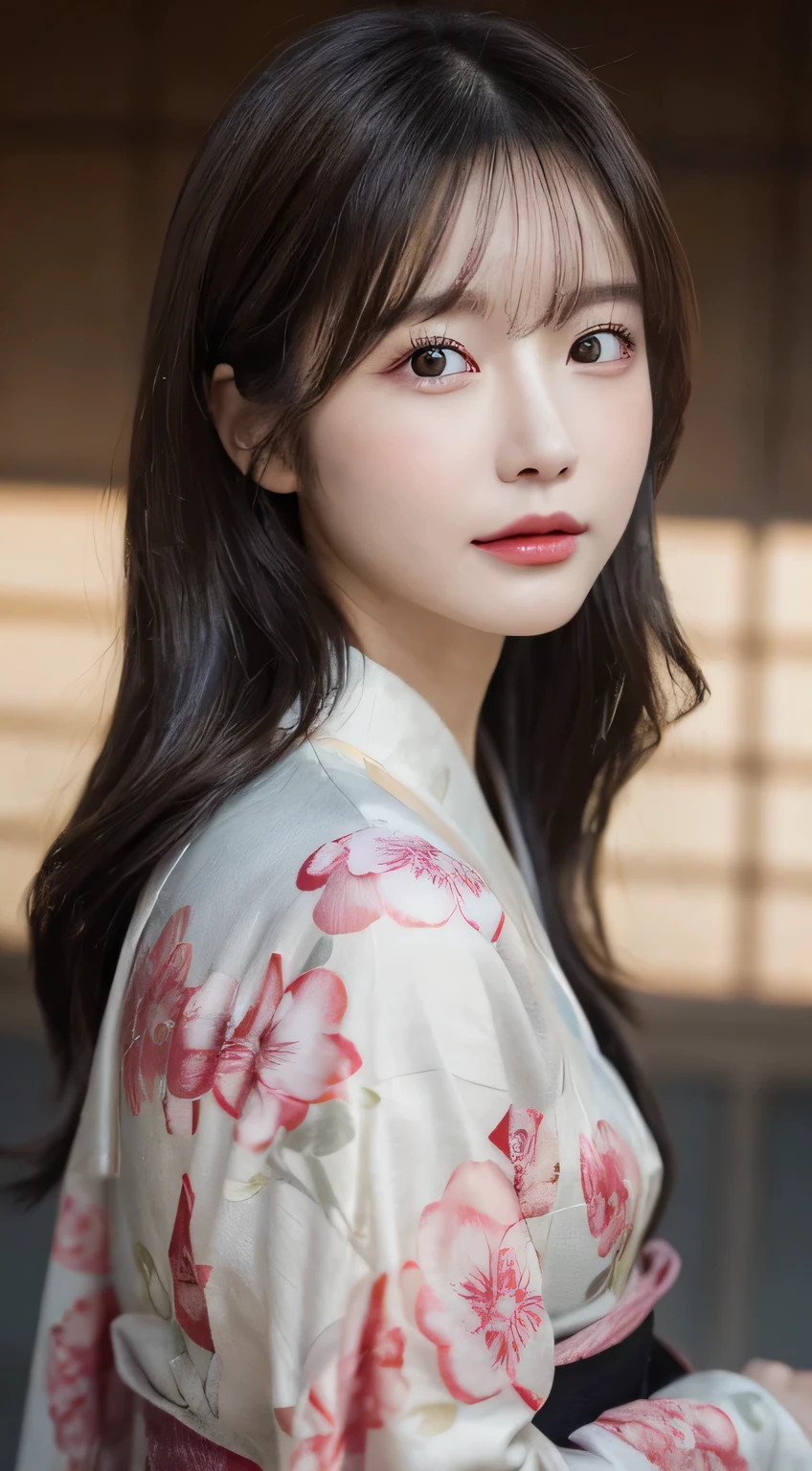 (Wear the kimono correctly,age19,no-makeup)、(top-quality,​masterpiece:1.3,超A high resolution,),(ultra-detailliert,Caustics),(Photorealsitic:1.4,RAW shooting),Ultra-realistic capture,A highly detailed,high-definition16Kfor human skin、 Skin texture is natural、The skin looks healthy with an even tone、 Use natural light and color、 Anatomically correct、One Woman,japanes,,kawaii,A dark-haired,Middle hair,(depth of fields、chromatic abberation、Wide range of lighting、Natural Shading)