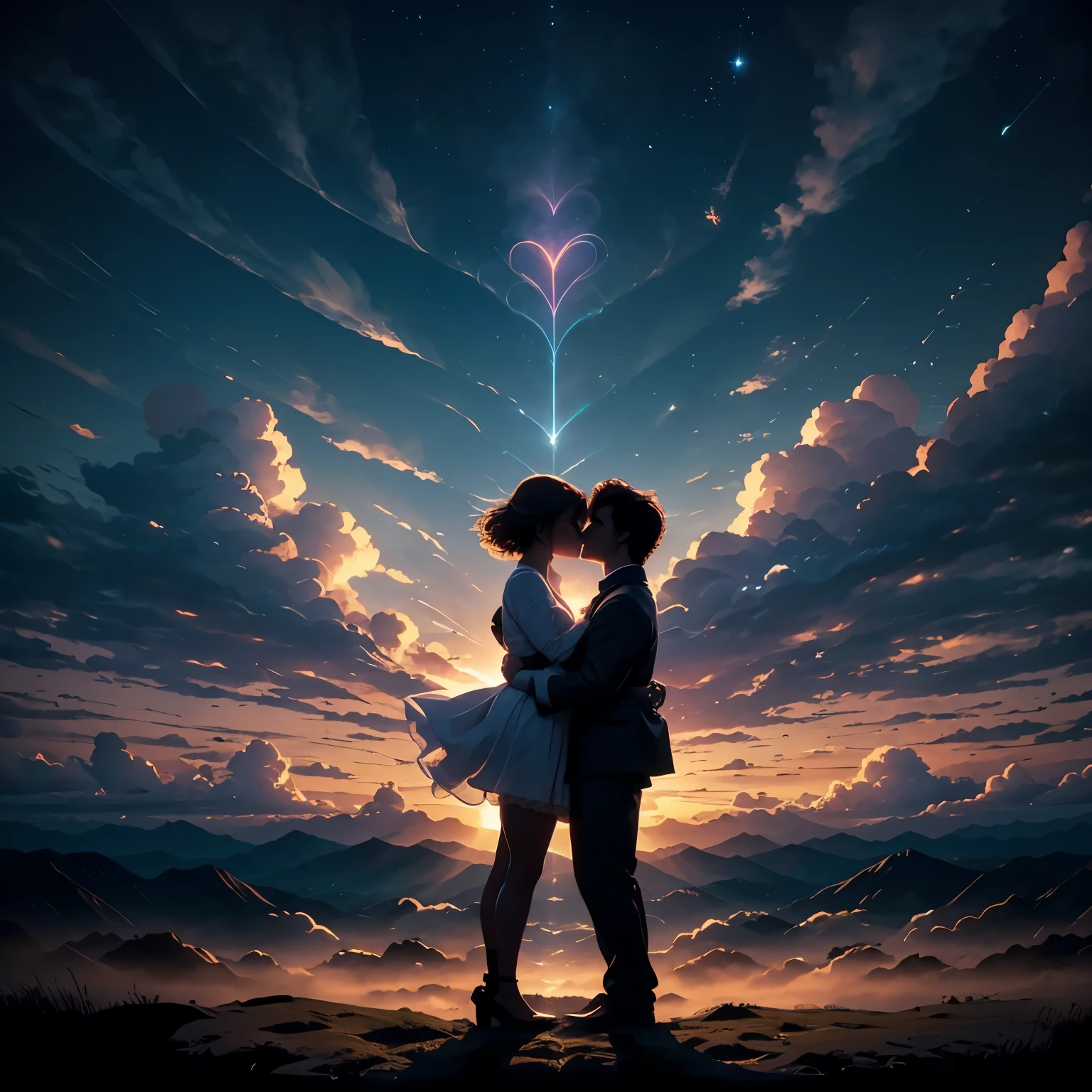 Full body silhouette of a harmony man and woman with short hair fly up in a flow of light, cloudscape,minimalistic, cuddling, unity, energy, Love, creation life, universe