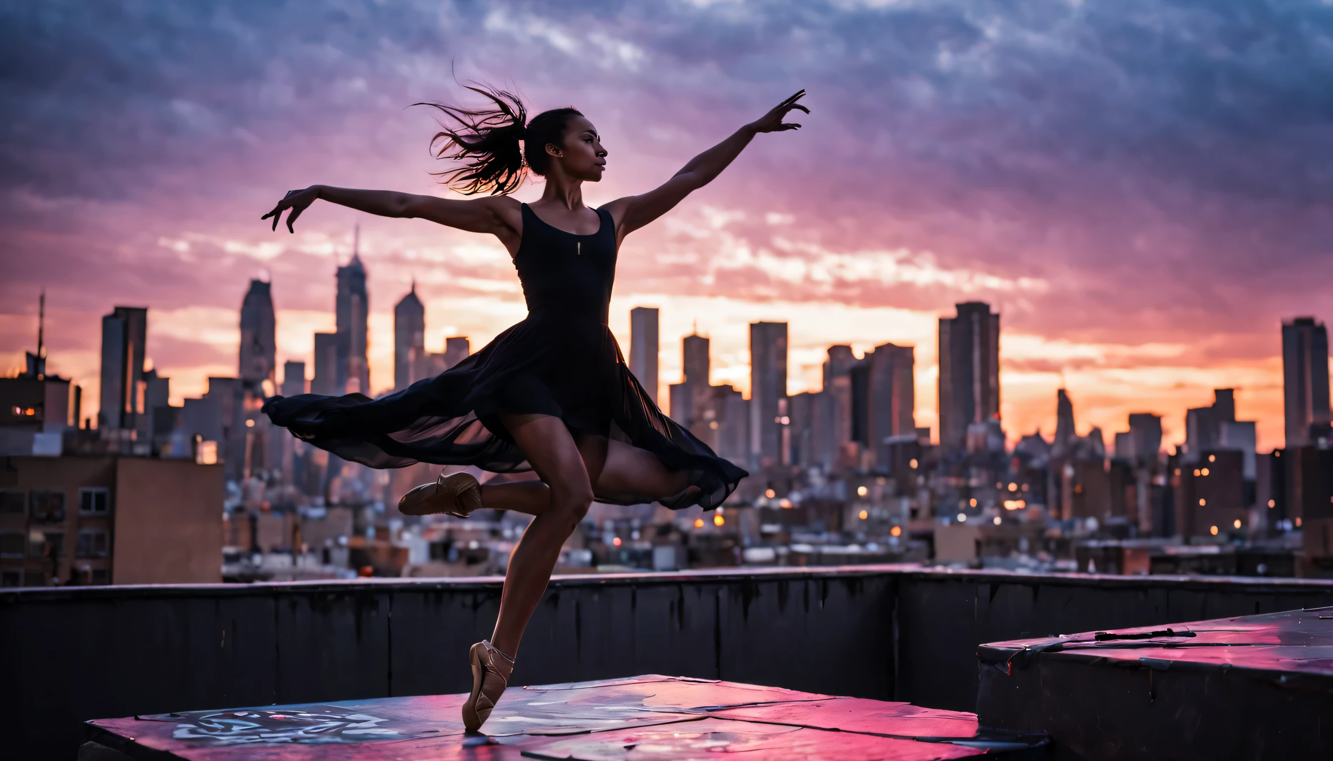 Urban Ballet: A dancer leaps across a graffiti-covered rooftop at dusk, her silhouette outlined against a vibrant city skyline. Capture the RAW energy of her movement, the delicate folds of her flowing black dress, and the intricate details of the urban landscape. (Masterpiece, RAW photo, realistic, detailed, best HD detailed, High quality, 32k, Dusk lighting, dramatic pose, urban setting)