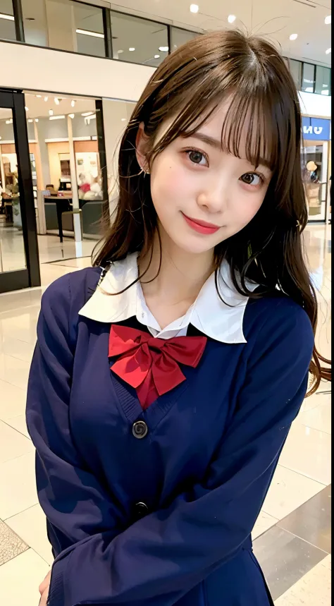 best quality ,(masterpiece:1.4)One woman with a half-twin in a careful posture in a shopping mall, school uniform, smile,