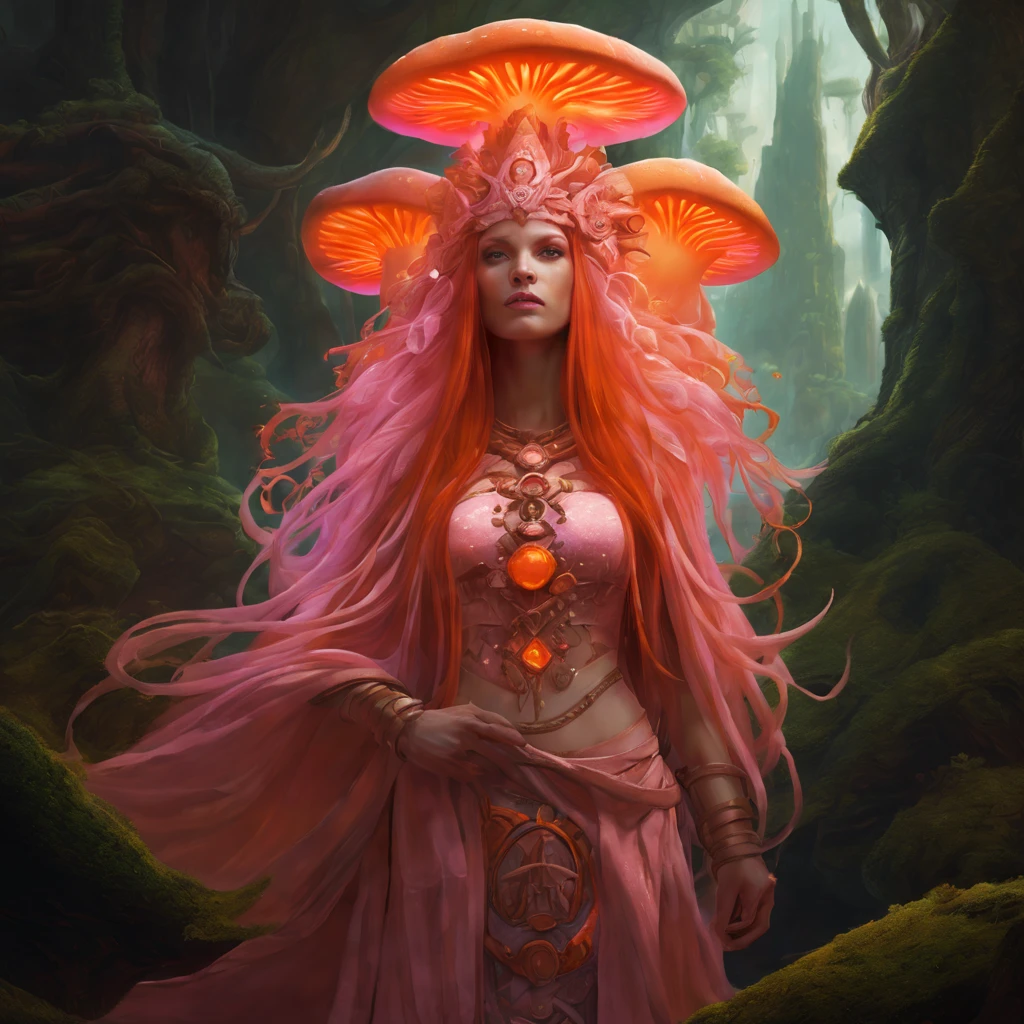 orange mushroom queen, cyberpunk dramatic light, orange glow, flowing robes, sparkling orange jewellery, perfect milky white skin, epic long hair, fluorescent orange, redhead, concept art by jesper ejsing, mushroom crown, orange fiery tulle fabric, detailed matte fantasy painting, overgrown with moss, cave, Aztec fantasy, land of oz, soft mayan queen